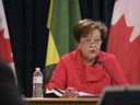 Saskatchewan Treasury Secretary Donna Harpauer speaks at a press conference at the Legislative Building in Regina.