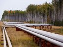 Pipelines run at the in-situ operations of the McKay River Suncor oil sands near Fort McMurray, Alberta.