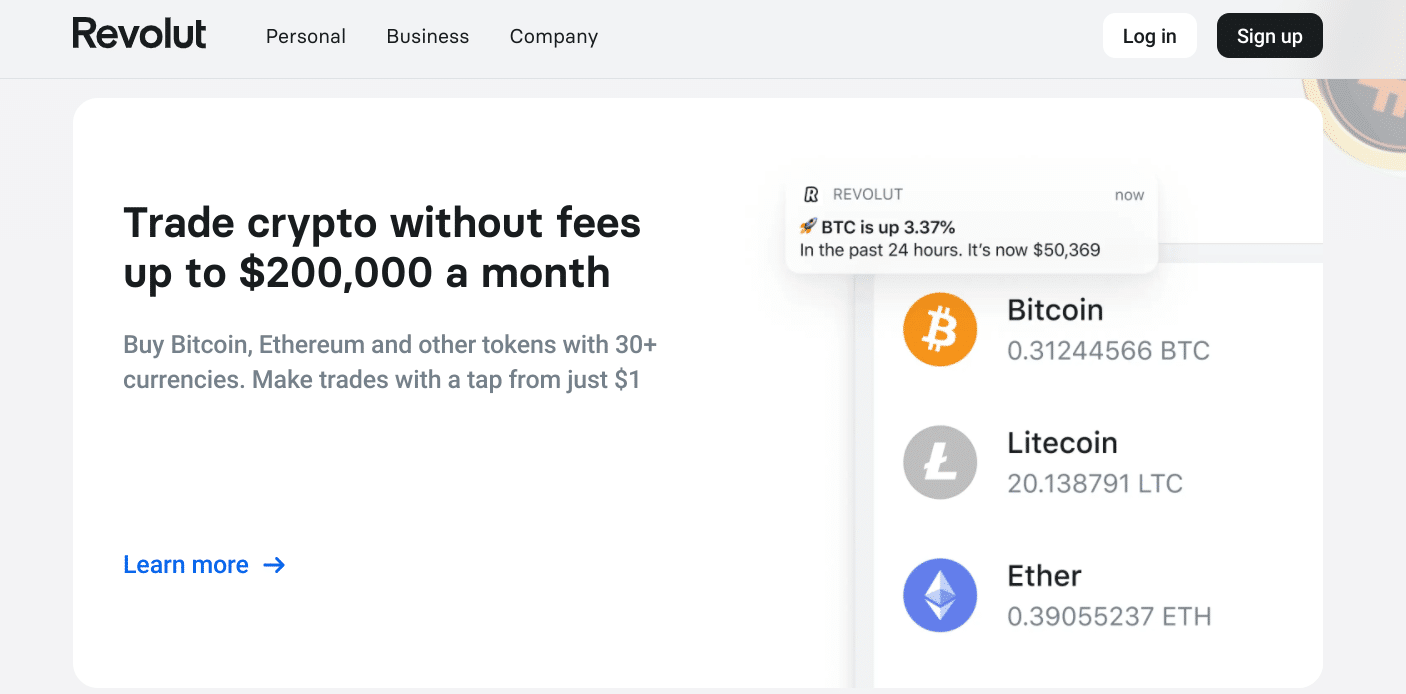 Screenshot of Revolut's crypto options