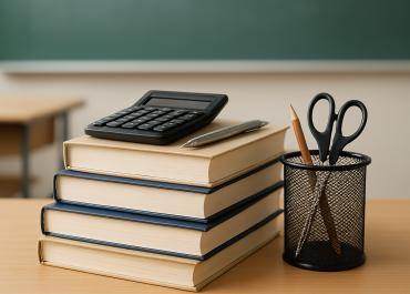 Stack of books with a calculator, a pen, and scissors on a desk