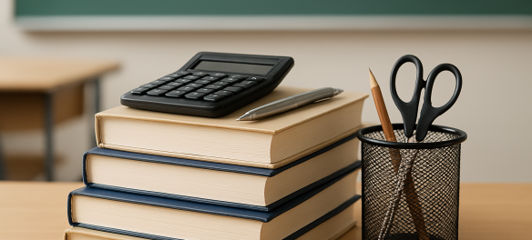 Stack of books with a calculator, a pen, and scissors on a desk