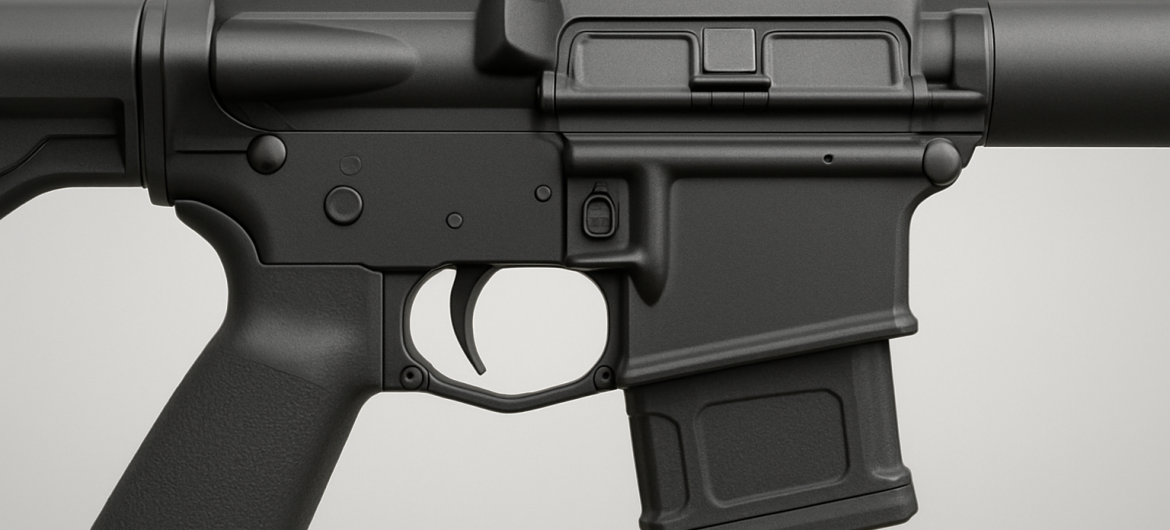 Side view of a black firearm lower receiver with trigger and magazine well