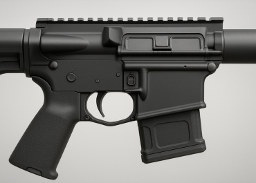Side view of a black firearm lower receiver with trigger and magazine well