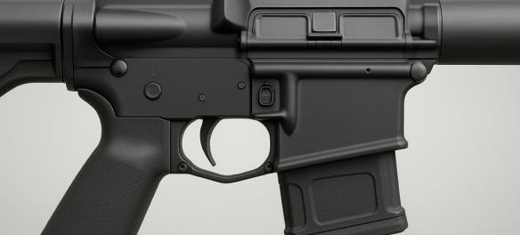 Side view of a black firearm lower receiver with trigger and magazine well