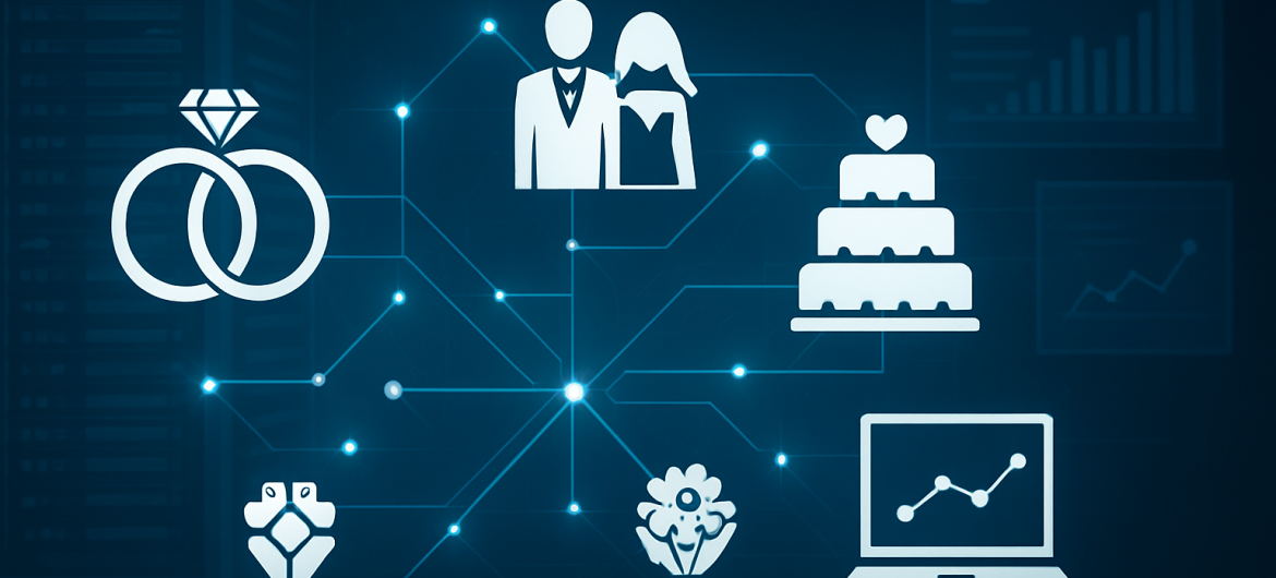 graphic depicting wedding-related symbols connected by lines against a digital background