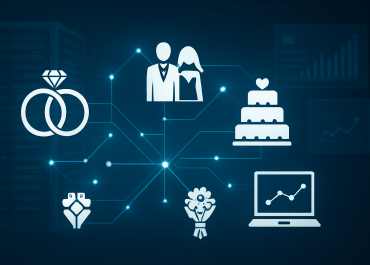 graphic depicting wedding-related symbols connected by lines against a digital background